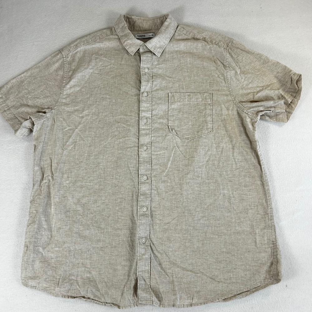 Sonoma Goods For Life Mens XL Linen Cotton Blend Short Sleeve Button Down Beige